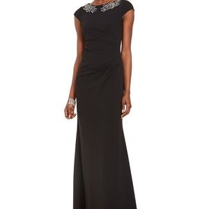 New With Tag Adriana Papell Black Long Crepe Bead Dress Zize 8